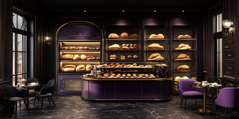 dark purple and gold modern bakery coffee shop with different breads in elegant display case and set of table and chair 
