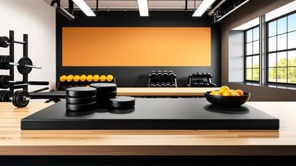 Black Countertop in Gym Setting for Sports Nutrition Display