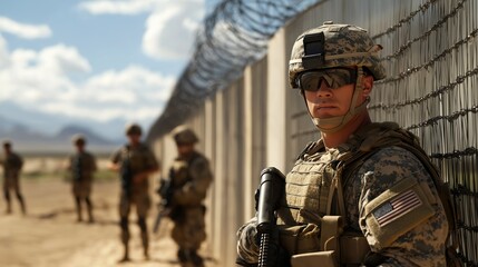 Fototapeta premium Soldier Leaning Against Fence in Desert, Military Operation, Tactical Gear