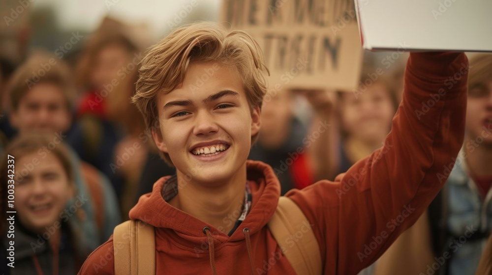 Canvas Prints A young man smiles while participating in a rally. AI.