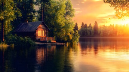 Fototapeta premium A cabin is on a lake with the sun setting in the background. The cabin is surrounded by trees and the water is calm