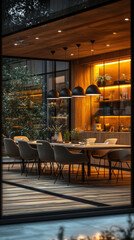 Fototapeta premium A modern dining room with a wooden table and chairs, lit by pendant lamps.