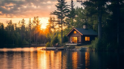Fototapeta premium A cabin is on a lake with the sun setting in the background. The cabin is surrounded by trees and the water is calm