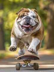A bulldog mid-air over a skateboard. AI.