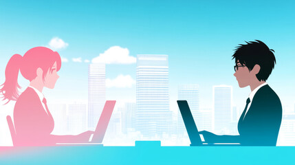 Obraz premium Two business professionals work on their laptops.