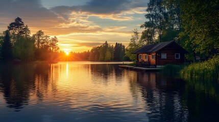 Fototapeta premium A cabin is on a lake with the sun setting in the background. The cabin is surrounded by trees and the water is calm