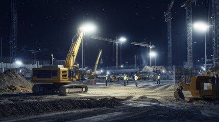 Generate a photo realistic image of nighttime operations at a construction site, with construction lighting, night shift workers, construction machinery, and ongoing construction activities