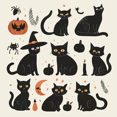 Flat lay design Hand drawn halloween black cats collection, Halloween elements, Happy Halloween