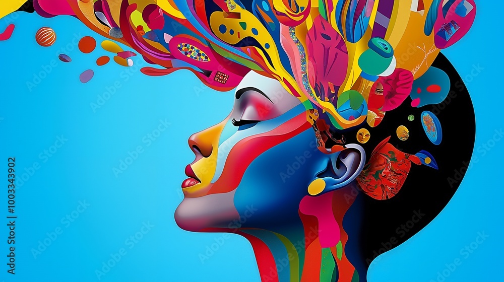 Wall mural Abstract portrait of a woman with colorful geometric shapes and patterns.