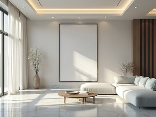 Fototapeta premium Mockup of Poster Frame in Luxurious White Bedroom Interior, 3D Render, Elegant and Modern Design, Contemporary Decor, Cozy and Sophisticated Atmosphere, Ideal for Art and Interior Design Presentations