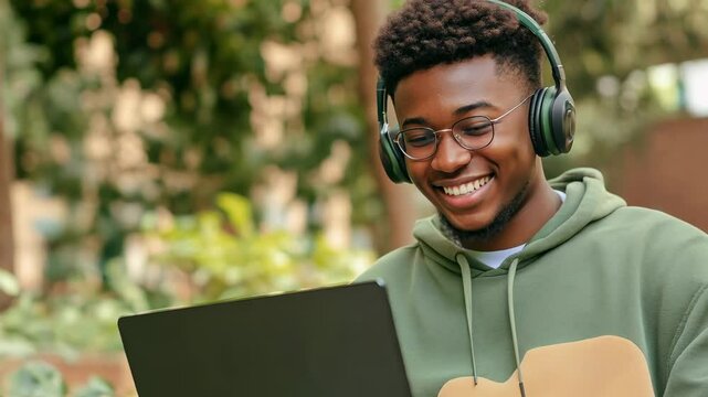 Joyful male student with wireless headphones, smiling while using his laptop.