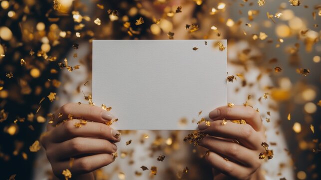 Blank card held by hands with golden confetti falling around, perfect for celebrations or invitations during festive occasions