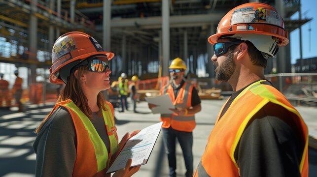 Generate a photo realistic image of a worker orientation program at a construction site, with orientation materials, safety training, site tour, and new workers in safety gear