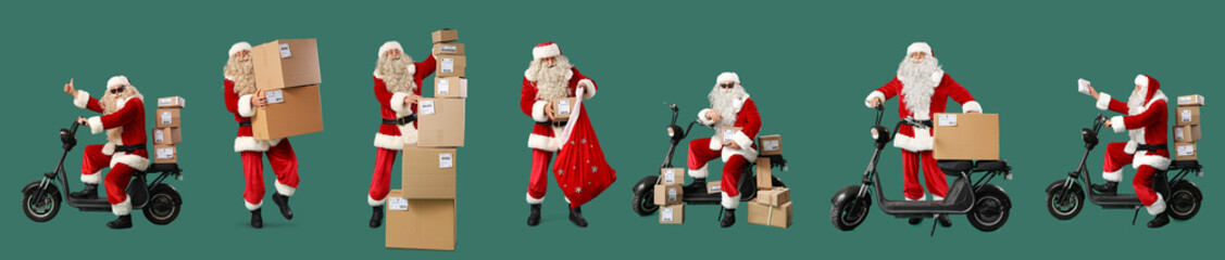 Set of Santa Claus with parcels on green background