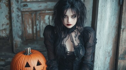 Fototapeta premium Dark Gothic Halloween Aesthetic with Pumpkins and Mysterious Girl
