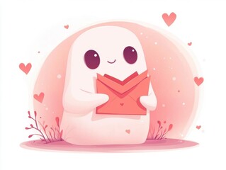 A ghost giving a love letter clipart, romantic gesture, flat design, soft pinks and reds, isolated on white background