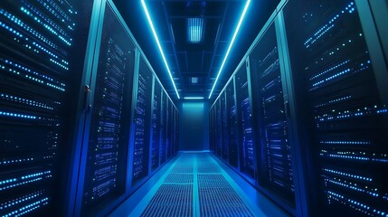 Trendy data center equipped with stylish blue lighting and servers image