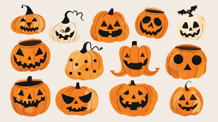 Flat lay design of Hand drawn halloween pumpkin collection, Halloween elements, Happy Halloween