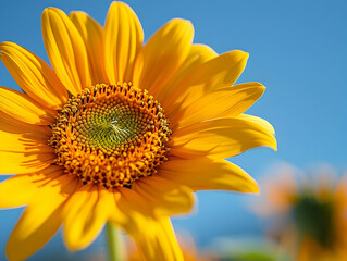 Naklejka premium Close-Up of a Vibrant Yellow Sunflower with a Blue Sky Background - Photo