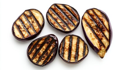 Grilled eggplant slices on white background