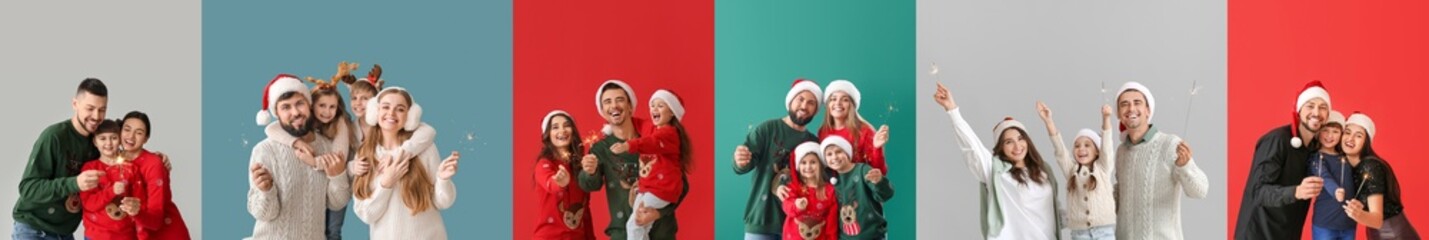 Set of happy families with Christmas sparklers on color background