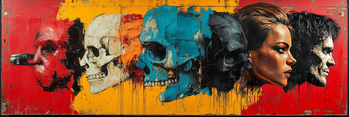 Fototapeta premium Colorful and abstract mural art of skulls and faces.