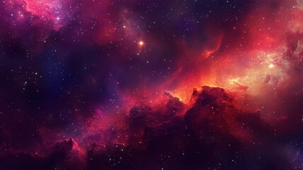 Fototapeta premium A cosmic scene of a nebula in shades of red and purple, with bright stars scattered throughout the ethereal gas clouds.