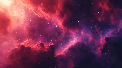 Fototapeta premium A cosmic scene of a nebula in shades of red and purple, with bright stars scattered throughout the ethereal gas clouds.