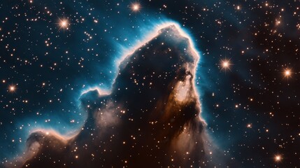 A dark nebula with wisps of glowing gases, casting shadows over the bright background of distant stars.