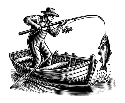 recommend clip art: fisherman in a small wooden rowboat, fishing in the water engraving black and white outline