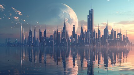 Futuristic Metropolis Skyline Reflecting on Water under Moonlit Night