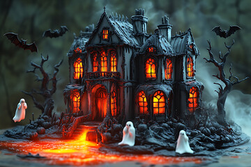 A three-tiered Halloween cake featuring a cauldron, graveyard, and pumpkins with eerie lighting, detailed fondant art, and fog effects for a spooky celebration.
