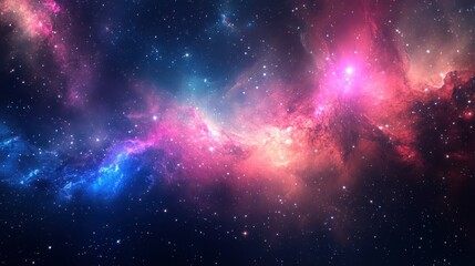 Obraz premium A vast nebula in deep space, with swirling pink, blue, and purple gases illuminated by bright stars.