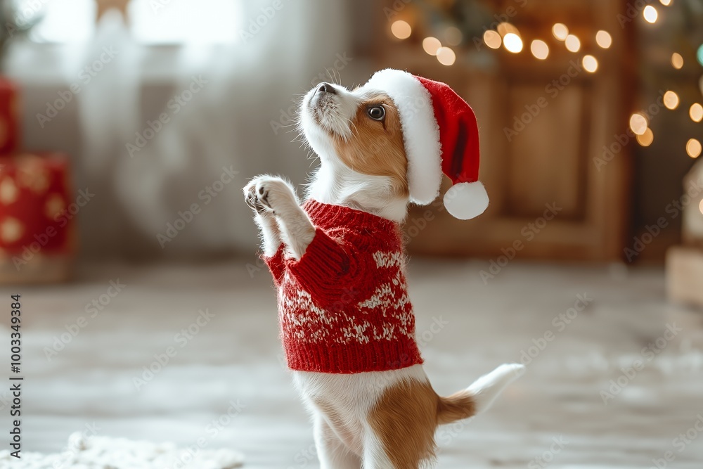 Wall mural adorable puppy wearing red santa hat and sweater looking up.