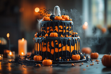 A three-tiered Halloween cake featuring a cauldron, graveyard, and pumpkins with eerie lighting, detailed fondant art, and fog effects for a spooky celebration.
