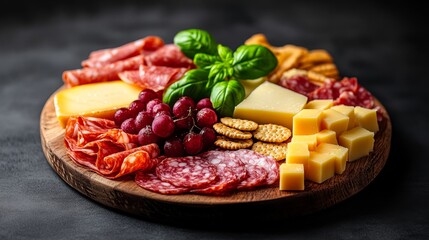 Obraz premium A round charcuterie board with a perfect geometric arrangement of meats, cheeses, fruits, and crackers, using vibrant colors and textures to create a visually stunning pattern.