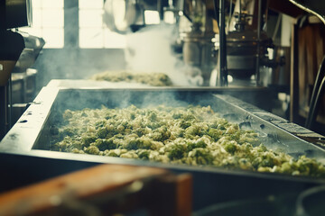 Behind the scenes of the brewing process with hops and barley in a craft brewery setting