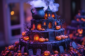 A three-tiered Halloween cake featuring a cauldron, graveyard, and pumpkins with eerie lighting, detailed fondant art, and fog effects for a spooky celebration.
