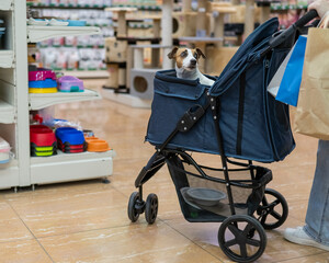 A woman is shopping at a pet store with her Jack Russell Terrier dog in a stroller.