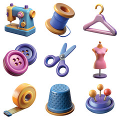 Sewing 3d icons set including spool of threads, sewing machine, scissors, needle, hanger, buttons