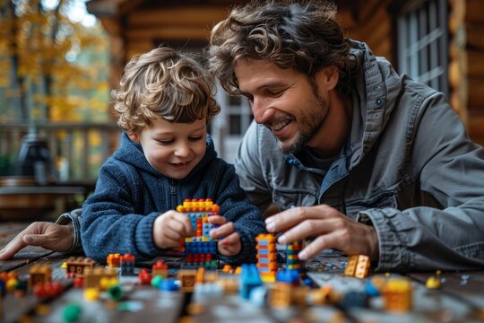 Joyful father and son bonding while assembling a colorful robot with toy bricks together