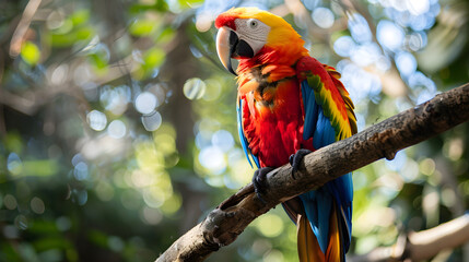 Obraz premium Vibrant parrot with green, yellow, and blue feathers perched gracefully on a tree branch.