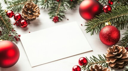 A beautifully decorated festive table with red ornaments and a blank card, perfect for Christmas celebrations and holiday gatherings