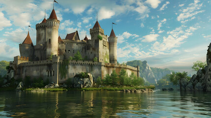 Fototapeta premium Fantasy Medieval Castle on a Lake Illustration