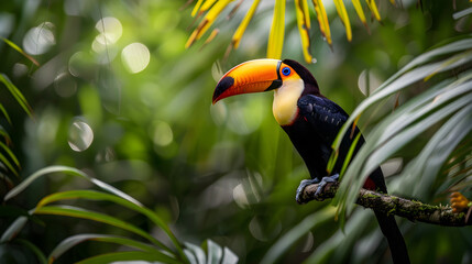 Obraz premium Vibrant toucan with a rainbow beak perched among lush green leaves in a tropical setting.