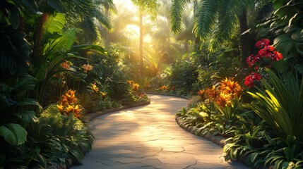 A serene stone pathway curving through a botanical garden filled with towering rare plants, vibrant orchids, and tropical foliage, glowing under golden sunlight.
