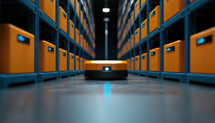Autonomous delivery robot navigating a modern warehouse aisle.