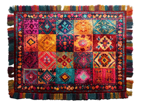 Bohemianstyle floor rug with a multicolored patchwork design featuring tassels on the edges