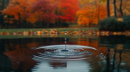 A single water droplet falling in slow motion, captured mid-splash, creating symmetrical ripples across a mirror-like pond reflecting the surrounding autumn foliage.