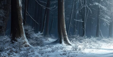 Naklejka premium A serene winter forest landscape bathed in soft light, showcasing snow-covered trees and a tranquil pathway leading into the distance.